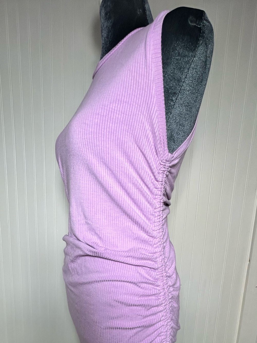 Lavender scrunched tie sides Ribbed Sleeveless Bodycon Dress tight L